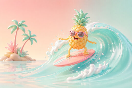 Playful 3D illustration of a cheerful pineapple character wearing pink sunglasses and riding a surfboard on a turquoise ocean wave. Fun tropical concept of surfing, summer vacation and beach lifestyle