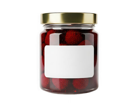 Glass jar of red strawberry jam with a blank label isolated on transparent background