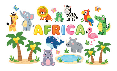 Obraz premium A cheerful collection of cute African animals in a colorful cartoon style, featuring a giraffe, elephant, lion, zebra, crocodile, rhinoceros, hippopotamus, flamingo, parrot, frog, whale, butterflies