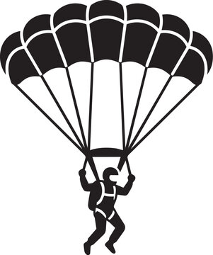Paratrooper descends with fully deployed parachute in a bold, high-contrast silhouette style.