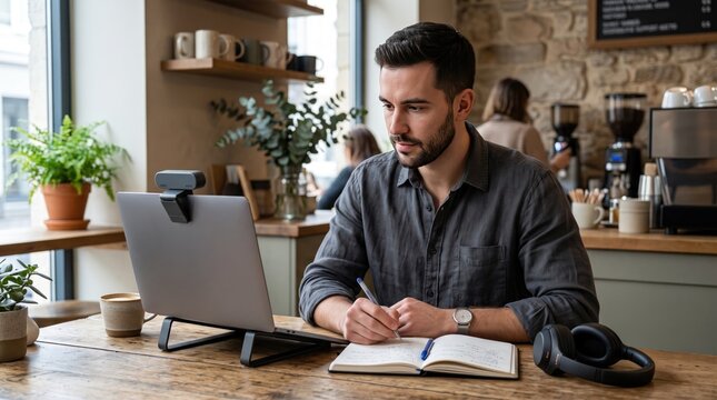Professional man working on laptop in cafe, remote worker taking notes during video call, freelancer in coffee shop