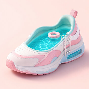 Playful 3D illustration of a pastel athletic sneaker transformed into a miniature swimming pool filled with clear blue water, complete with ladder and inflatable ring. Creative summer and sports conce