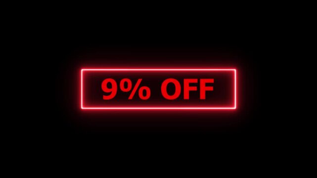 Dynamic red neon sign featuring a nine percent off discount promotion for retail sales, e-commerce marketing, seasonal shopping events, and special price reduction announcements on a dark background