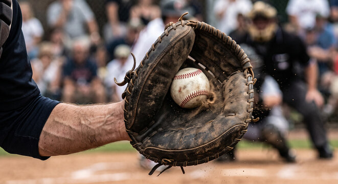 Excitement builds as a baseball glove catches a fast pitch during a thrilling game