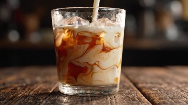 Pouring milk into cold brew iced coffee glass creating beautiful marble swirling pattern