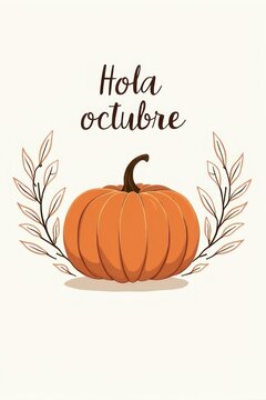 calabaza de a la acuarela color naranja y hojas. Poster de Hola Octubre 