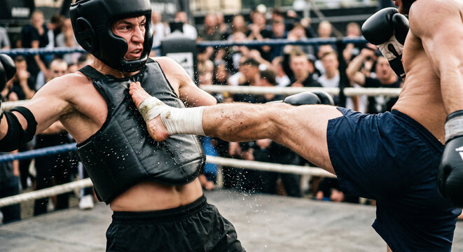 Intense moments in a competitive kickboxing match under bright arena lights