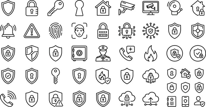 Large Vector Collection of Home Security and Data Privacy Line Icons Featuring Protection Shields Surveillance Cameras Padlocks and Biometric Access Symbols