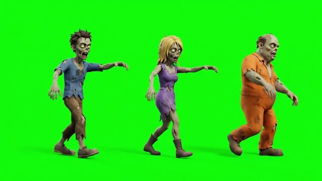 Three cartoon zombies walking in a row on a green screen background