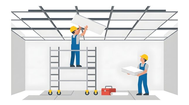 Clean vector illustration of two construction workers installing suspended ceiling panels using mobile scaffolding inside an unfinished room, with construction tools and materials nearby.