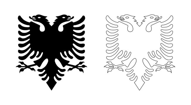 Double headed eagle silhouette from Flag of Albania black icon, sticker. Albanian eagle with two heads outline badge layout. Albanian flag coat of arms, sign, symbol.
