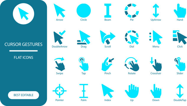Cursor gestures icon set. Bold glyph collection of mouse, hand, arrow and touch symbols for UI and web design