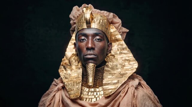 Man in elaborate golden pharaoh headdress and costume, studio portrait