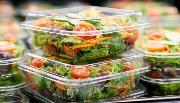 Rows of prepackaged salads in clear plastic containers stacked on a metal shelf