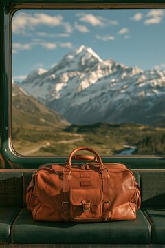 Empty train seat with a brown leather bag facing mountain scenery during the day