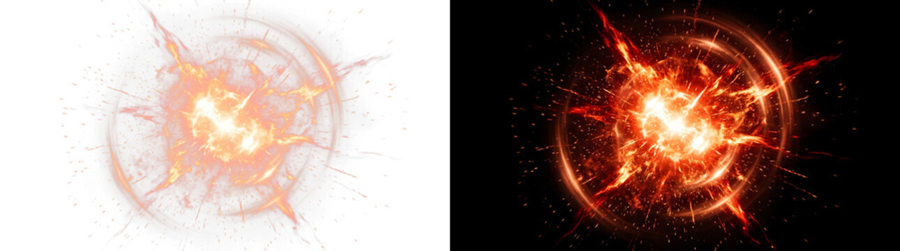 Glowing orange fireball explosion with intense sparks radiating outwards creating circular shockwaves and dynamic motion light effects on transparent background
