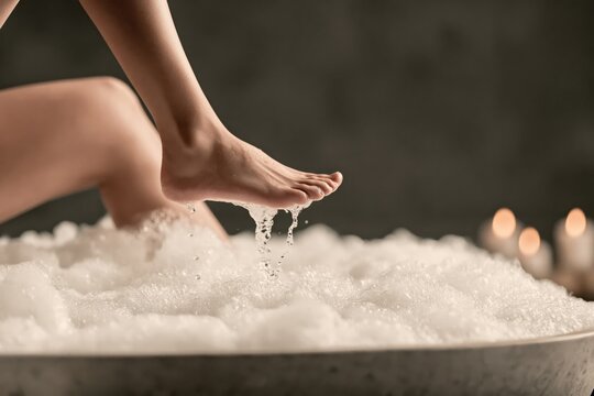 Person stepping into a bath filled with bubbles in a room with candles