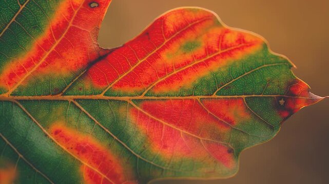 Close-up view of a single oak leaf showcasing vibrant autumn colors with striking red, orange, and green patterns and prominent veins.