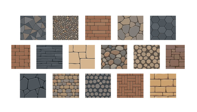 Seamless stone pavements textures collection vector background with paving brick walkways cobblestone paths rocks patterns for game design
