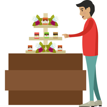 Man choosing wedding ring at jewelry shop vector icon