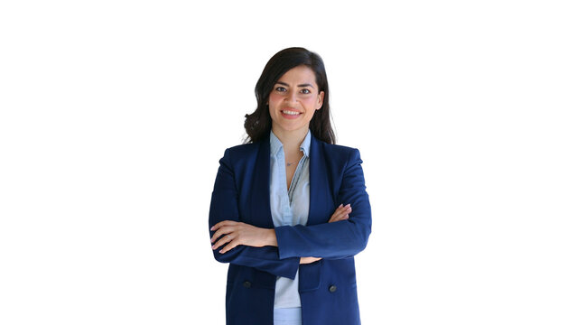 Confident businesswoman smiling with arms crossed on transparent background