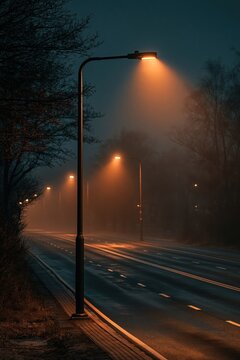 Street with lamps on a foggy night near trees and road marks