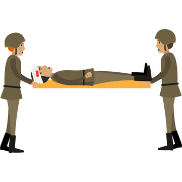 Military men carrying wounded soldier on stretcher from battlefield vector icon