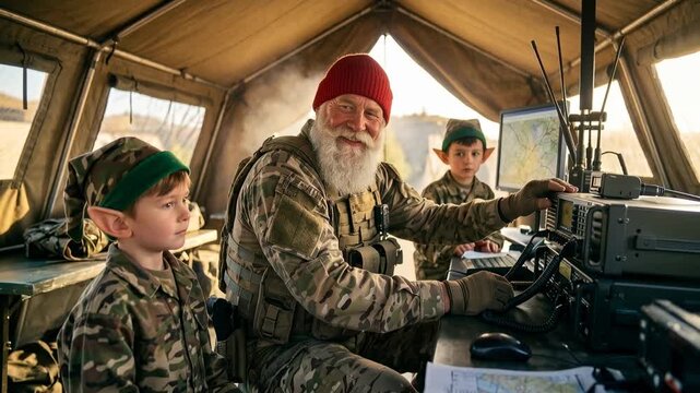 Santa and elf work together in a military command tent with radios and maps