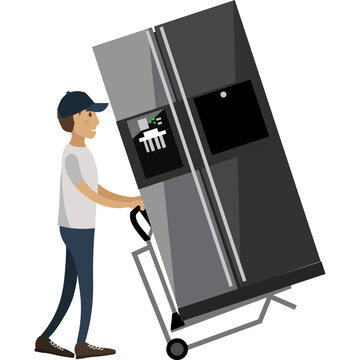Loader carrying refrigerator vector icon