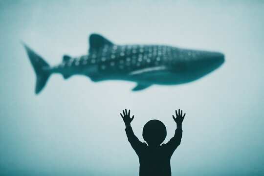 Child watches a whale shark swimming behind a glass wall at an aquarium in the afternoon