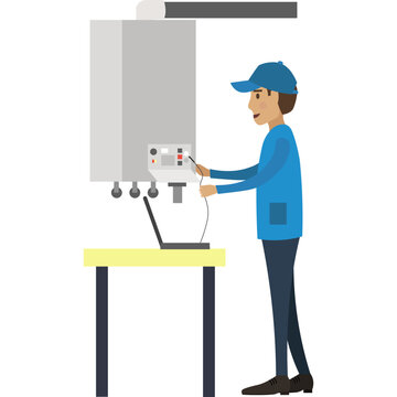 Repairman checking electric heating boiler vector icon