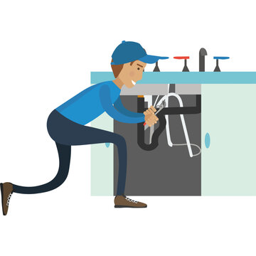 Plumber repairing pipes from leaks under kitchen sink vector icon