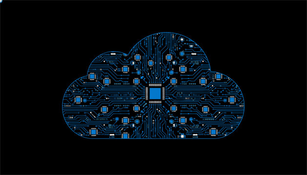 Digital cloud computing concept features a glowing blue circuit board pattern with electronic processors on a dark black background.
