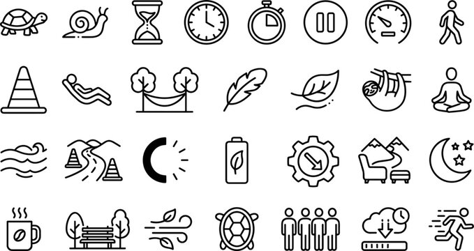 Large Vector Collection of Slow Down and Relaxation Line Icons Featuring Sloths Turtles Hourglasses Hammocks and Mindfulness Doodles for Wellness App Menus