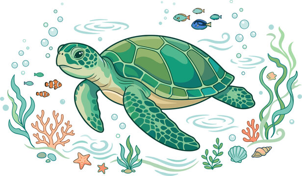 Vector Illustration of a Cute Sea Turtle Swimming in a Coral Reef Surrounded by Small Tropical Fish Seaweed and Ocean Bubbles for Kids App Layouts