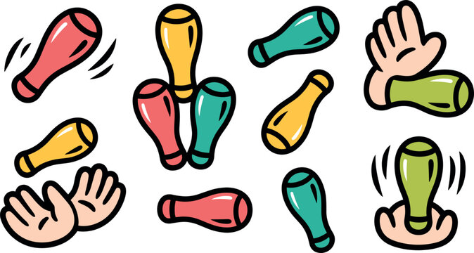 Juggling clubs vector illustration set with colorful pins and human hands catching objects for circus performers and entertainment design elements.