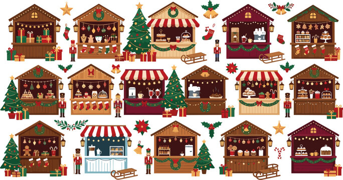 Large Vector Collection of Christmas Market Stalls Featuring Festive Holiday Booths Nutcrackers Decorated Pine Trees and Winter Fair Food Doodles for Kids App Menus