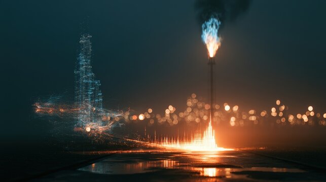 A digital glowing skyscraper connects to a burning industrial gas flare at night. Useful for energy transition and smart grid technology concepts.