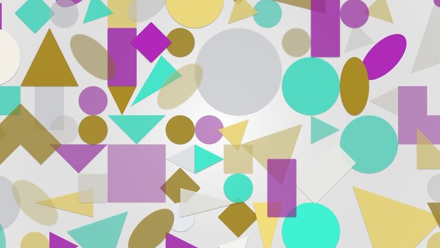 Abstract geometric background with colorful overlapping shapes including circles triangles and rectangles in teal purple and yellow tones for modern design