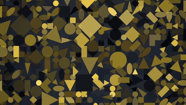 Abstract background with scattered gold and dark green geometric shapes including circles, triangles, and squares on black