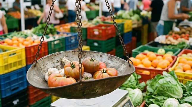 Fresh tomatoes in a metal hanging scale at a colorful outdoor local farmers market with many crates of vegetables
