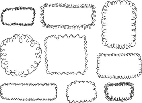 Hand drawn squiggly scribble frames set vector illustration. Black doodle wavy borders, loop frames, cloud cloudlet shape, and cute sketchy borders collection for note.
