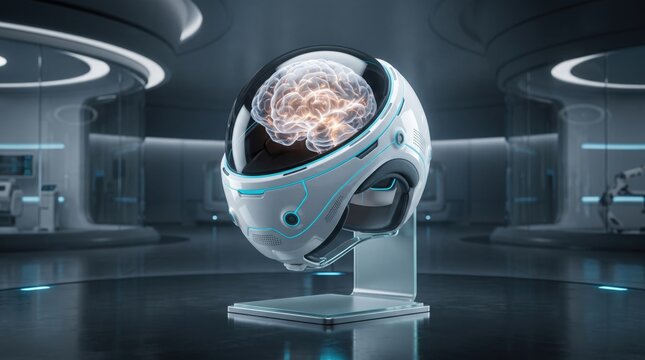 Human brain in futuristic AI helmet in modern lab