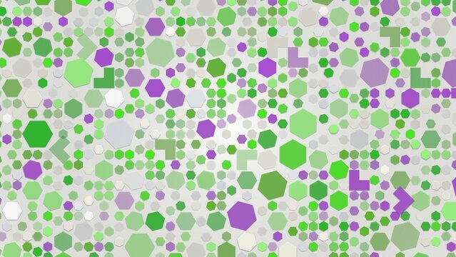 Abstract geometric pattern background featuring small purple and green hexagons, circles, and shapes on a light grey textured background