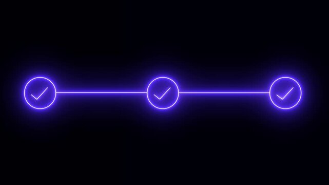 Glowing neon blue three step progress bar and timeline animation with checkmarks for business workflow task completion and loading screens.