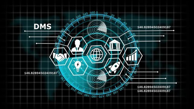 Advanced digital document management system interface featuring futuristic hud radar global business data analytics, and dynamic network connectivity for corporate technology projects