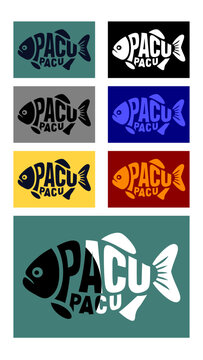 Set of pacu fish logos. Colorful vector silhouettes with typography on various rectangular backgrounds