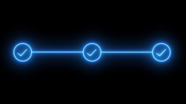 Glowing neon blue three step progress bar and timeline animation with checkmarks for business workflow task completion and loading screens.