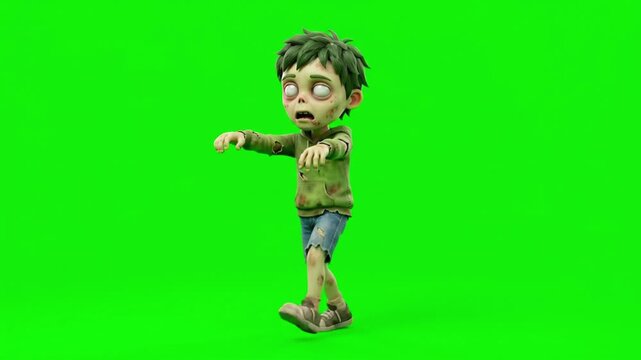 Cartoon zombie boy walking character animation on a green screen background