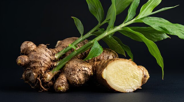 Fresh ginger root with green leaves on a dark surface.